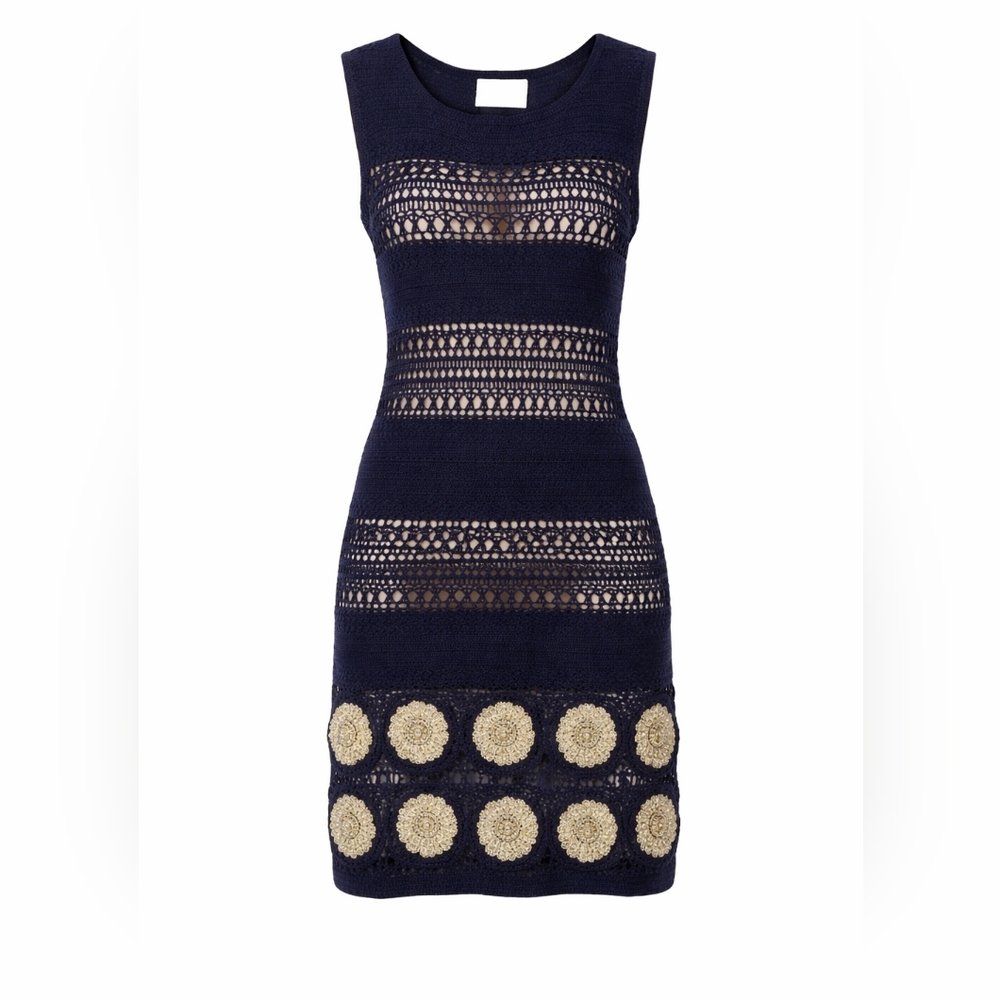 3.1 Phillip Lim Navy Crochet Sheath Gold Appliqué Designer Cocktail Dress